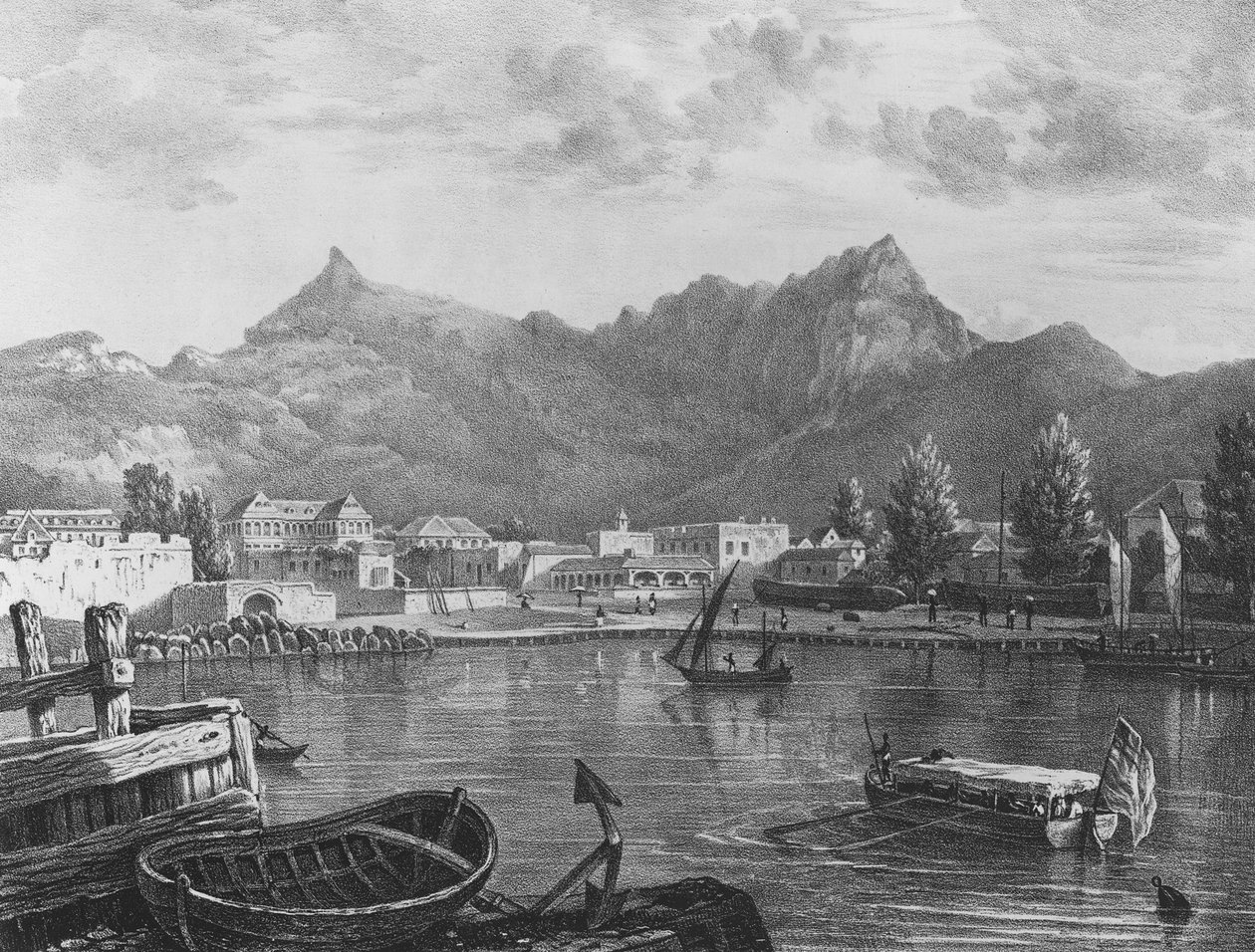 Port Louis, Mauritius, from the Eastern side of the harbour, c.1830 by T. (after) Bradshaw