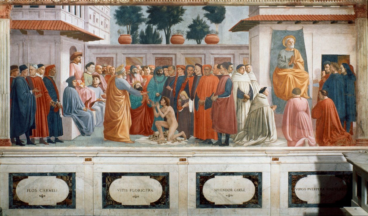 The Raising of the Son of Theophilus, the King of Antioch, and St. Peter Enthroned as First Bishop of Antioch, c.1427 and c.1480 by T. Masaccio, F. Lippi