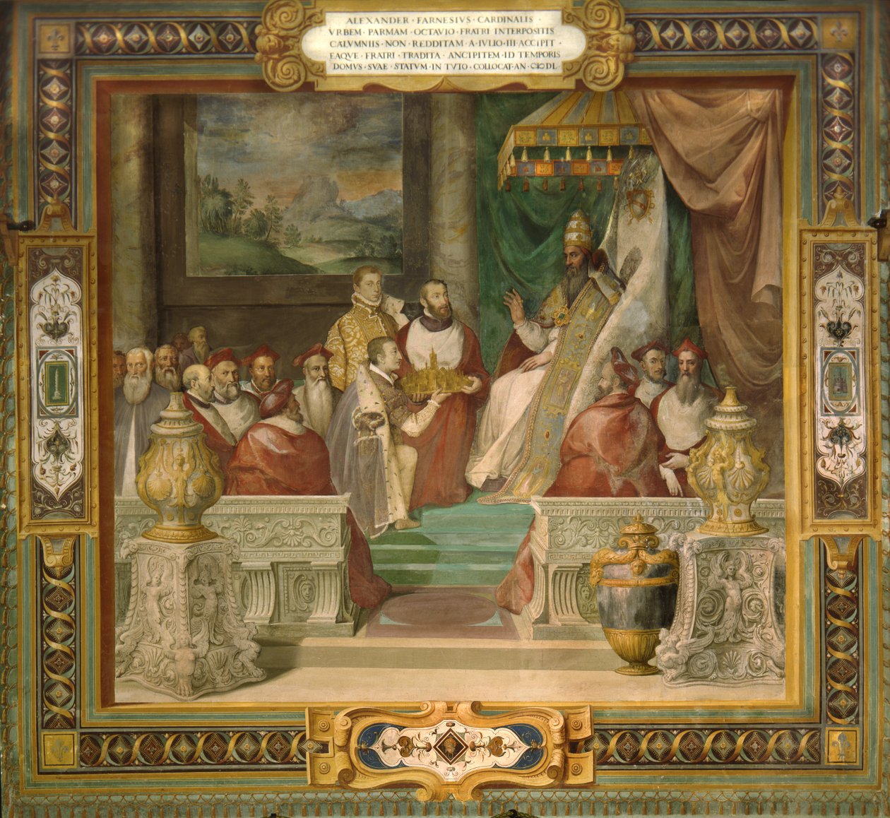 Alessandro and Ottavio Farnese presenting a model of the city of Piacenza to Pope Julius III by Taddeo Zuccari