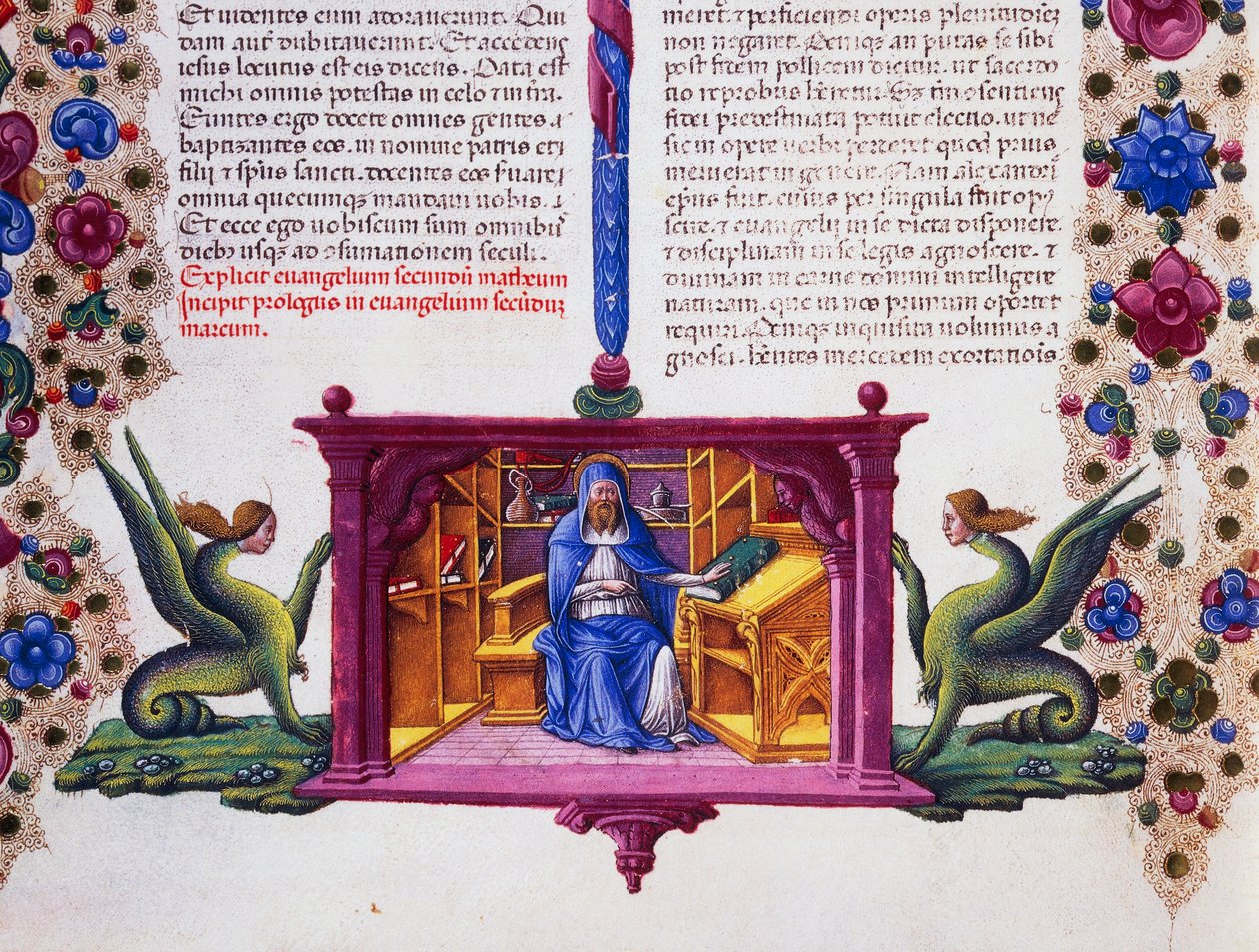 Border frieze at foot of page with St Matthew the Evangelist, Volume II f 148, v, Bible of Borso d