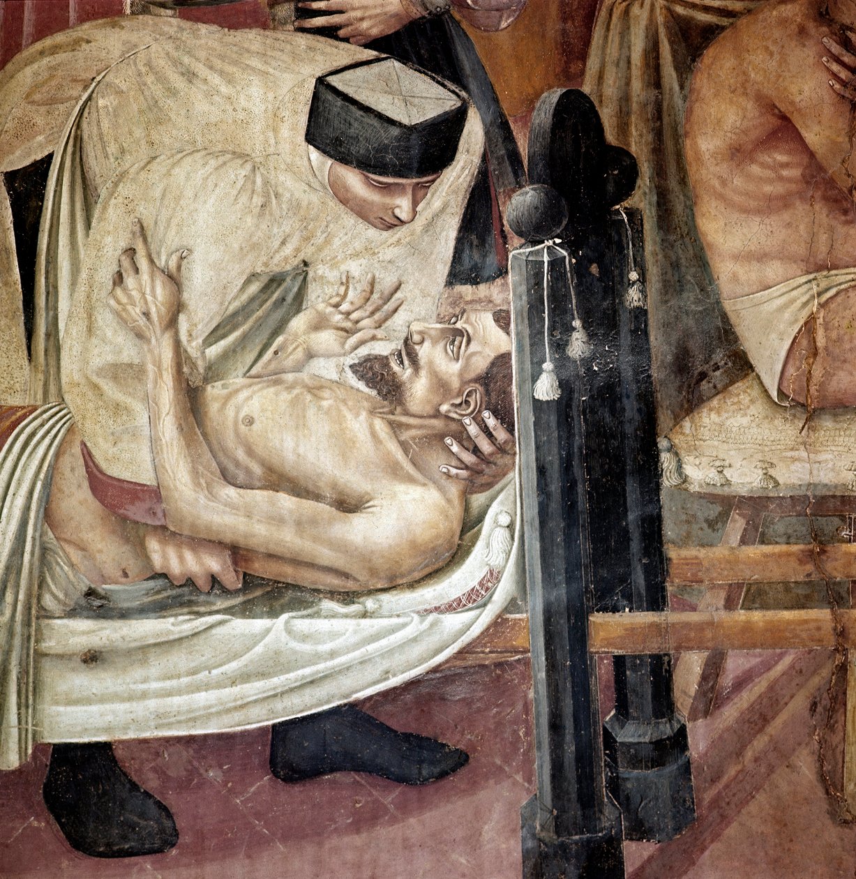 Care of the sick in a hospital, a nurse assists an injured lying on a stretcher (Detail) by Taddeo di Bartolo