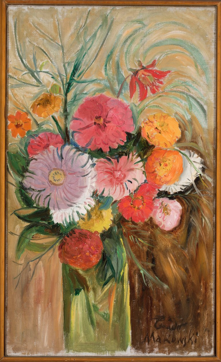 Zinnias and Asters in a Glass Jar by Tadeusz Makowski