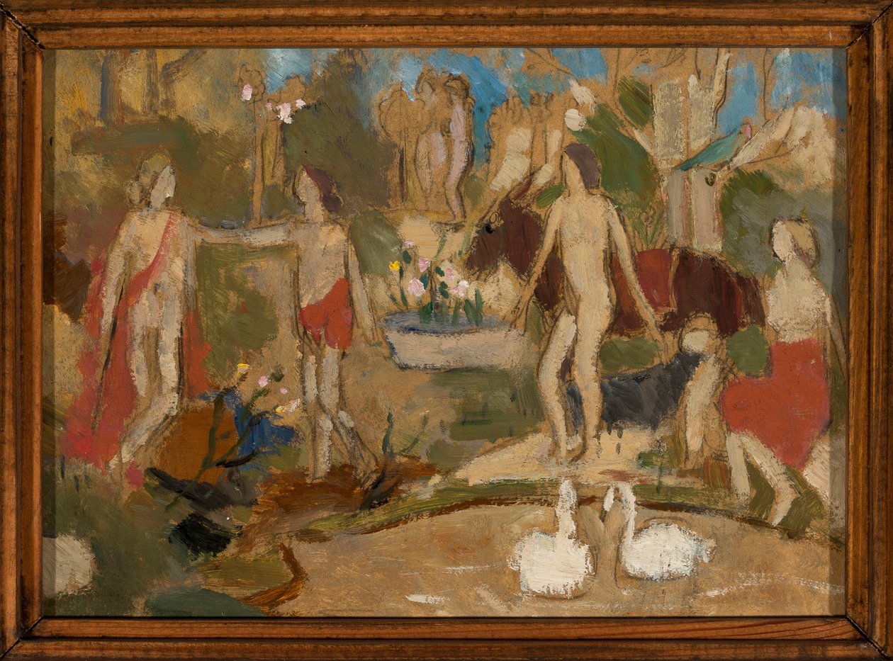 Garden Scene with Figures and Swans by Tadeusz Makowski
