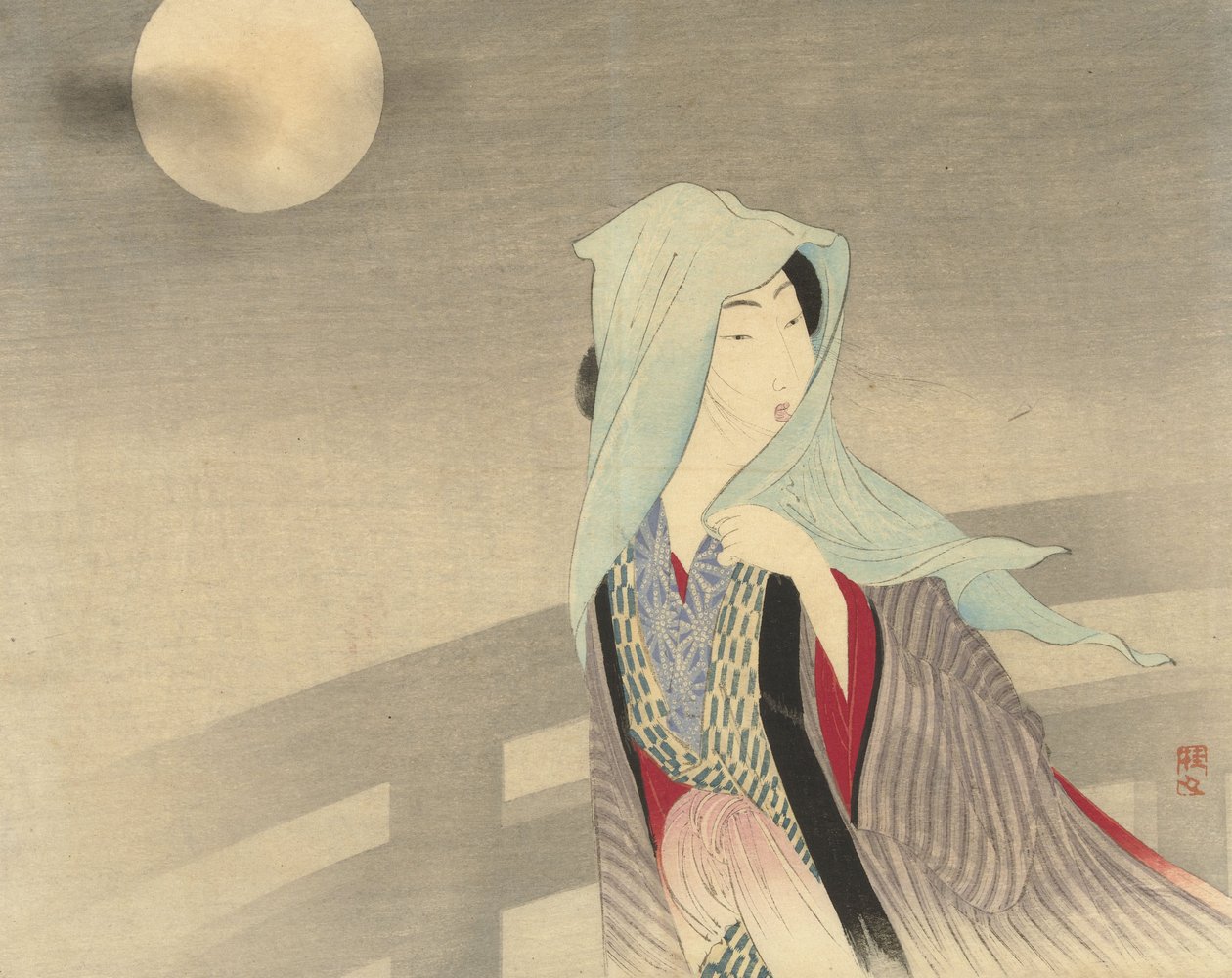 Veiled Woman on a Bridge in Moonlight by Takeuchi Keishu Takeuchi Keishu