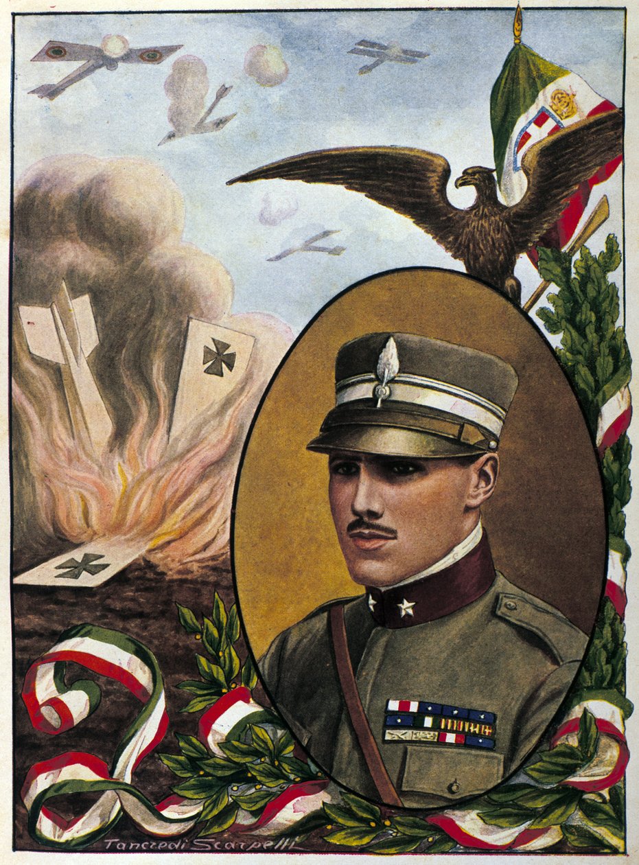 Allegory about Major Francesco Baracca, hero of the Italian Air Force who died in battle in 1918. Drawing by Tancredi Scarpelli by Tancredi Scarpelli