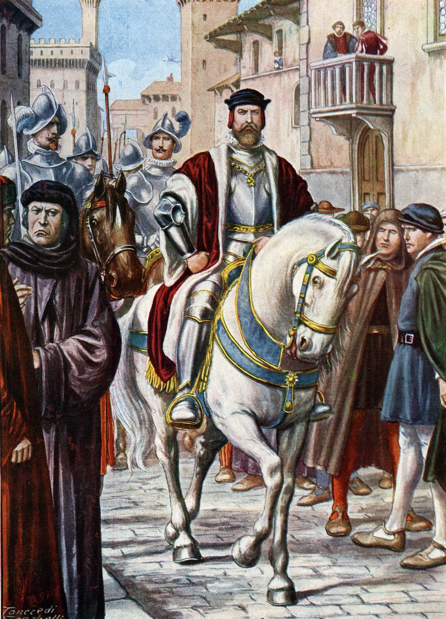 Portrait of Cosimo I of Tuscany (Cosimo de Medici) (1519-1574), circulating through the streets of Florence, surrounded by members of his militia composed of Spanish and German soldiers by Tancredi Scarpelli