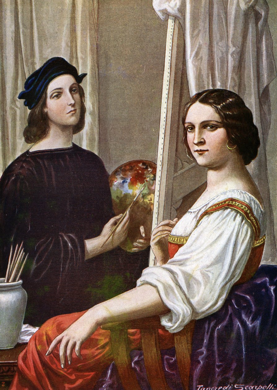 Portrait of the painter Raphael (Raffaello Sanzio 1483 - 1520) painting the Fornarina (Illustration by Tancredi Scarpelli from Storia d