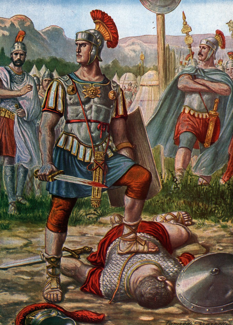 Roman Antiquity: Consul Titus Manlius Imperiosus Torquatus defeating a Gallic in 361 BC (Illustration by Tancredi Scarpelli) by Tancredi Scarpelli