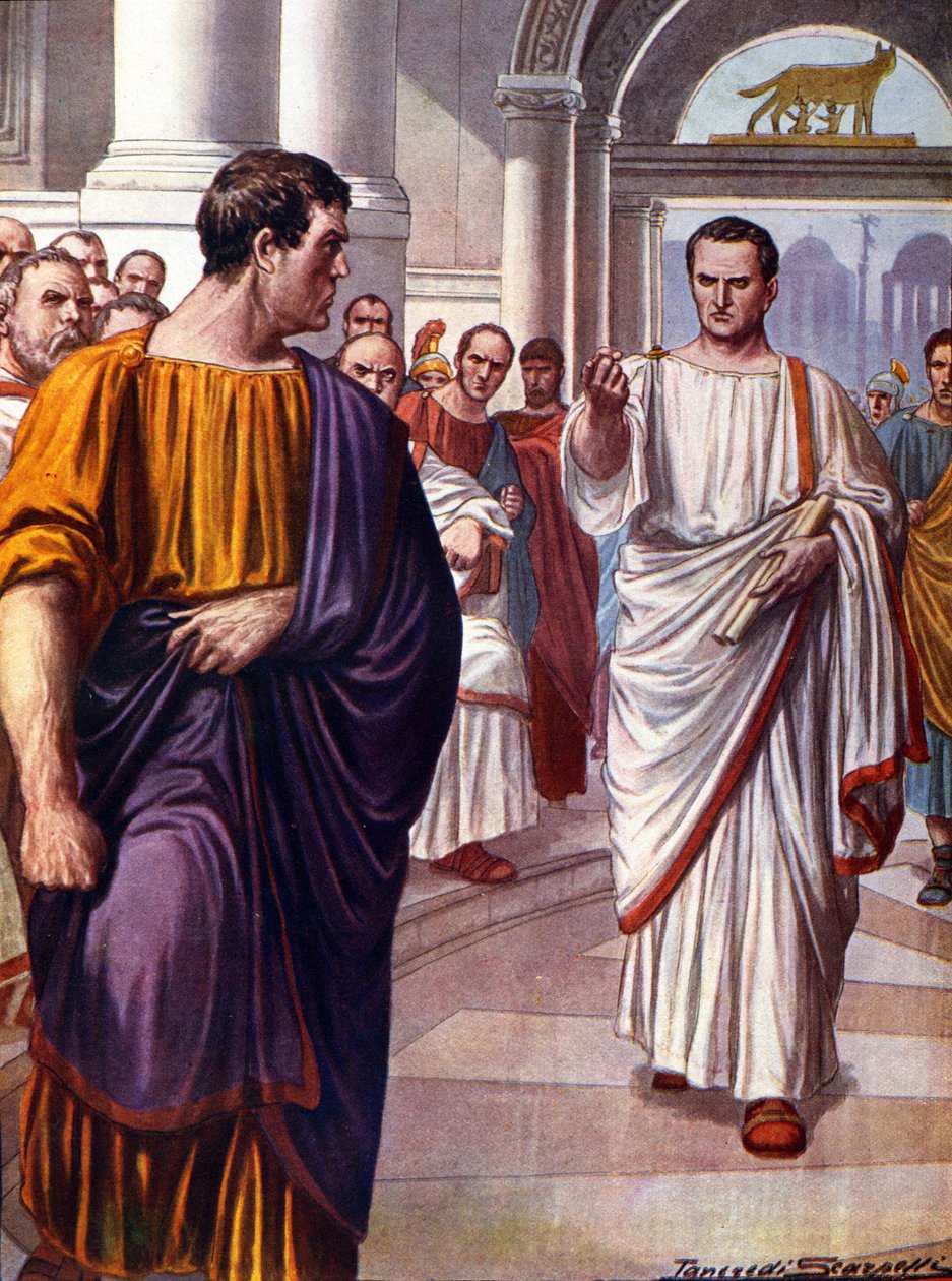 The Roman Statesman Cicero (Marcus Tullius Cicero) (106-43 BC) Crosses the Conspirator Catiline (Lucius Sergius Catilina) (108-62 BC), Whom He Denounces in 63 BC During the Speeches of the Catilinaries. Illustration by Tancredi Scarpelli (1866-1937) by Tancredi Scarpelli