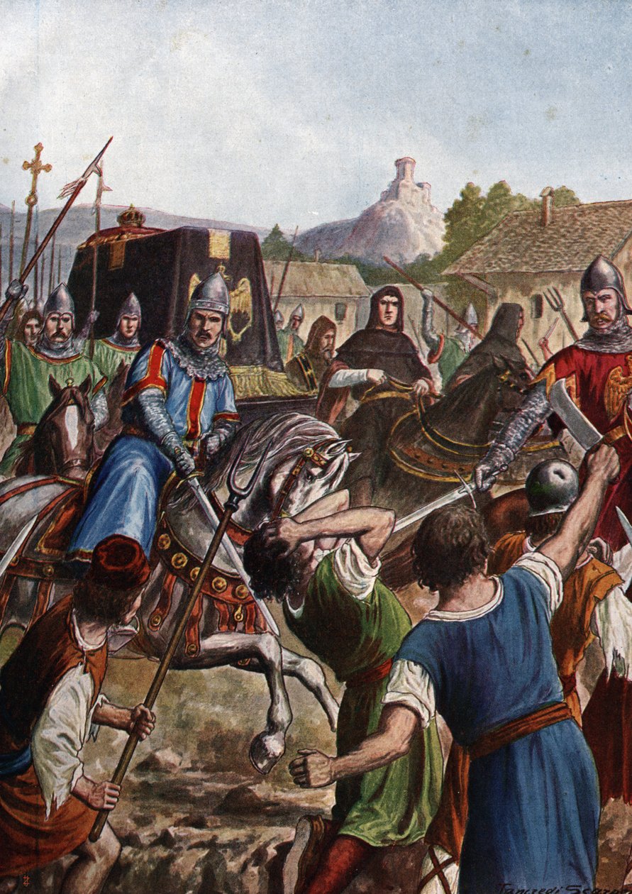 The funeral cortege of Emperor Otto III of the Holy Roman Empire (980-1002) takes the remains through Italy towards Aachen fighting in its passage against revolted populations by Tancredi Scarpelli