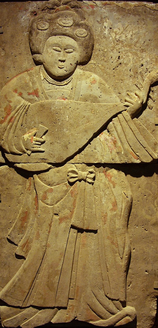 Terracotta stele with musician, Tang Dynasty (618-907), discovered in Shaanxi Province, Steles Forest Museum in Xian. Photography, Leonard de Selva, China, 2006. by Tang Dynasty Chinese School