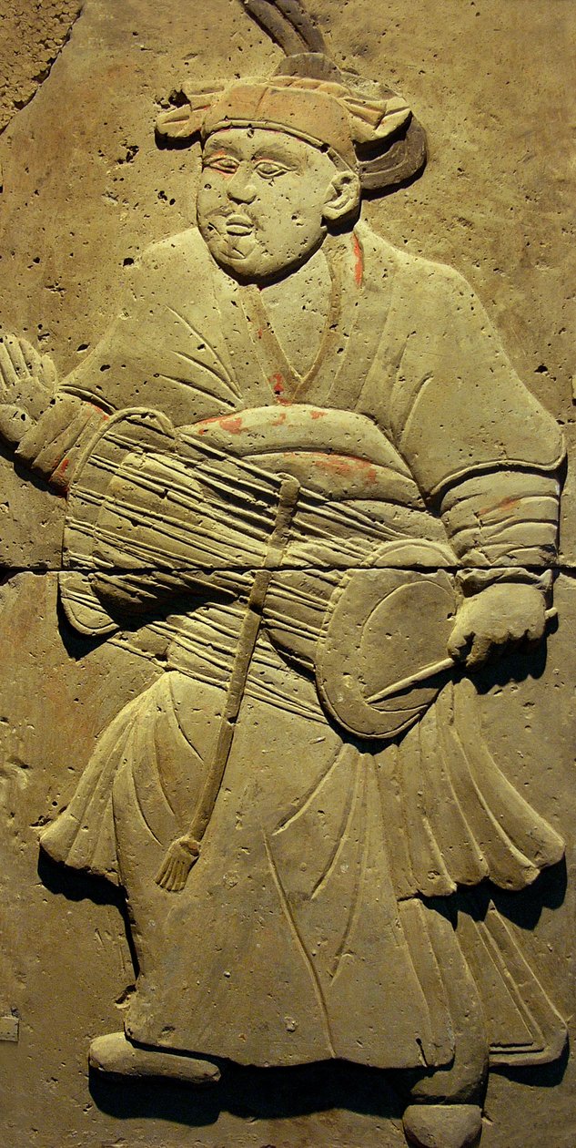 Terracotta stele with musician, Tang Dynasty (618-907), discovered in Shaanxi Province, Steles Forest Museum in Xian. Photography, Leonard de Selva, China, 2006. by Tang Dynasty Chinese School