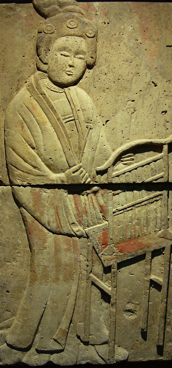 Terracotta stele with musician, Tang Dynasty (618-907), discovered in Shaanxi Province, Steles Forest Museum in Xian. Photography, Leonard de Selva, China, 2006 by Tang Dynasty Chinese School