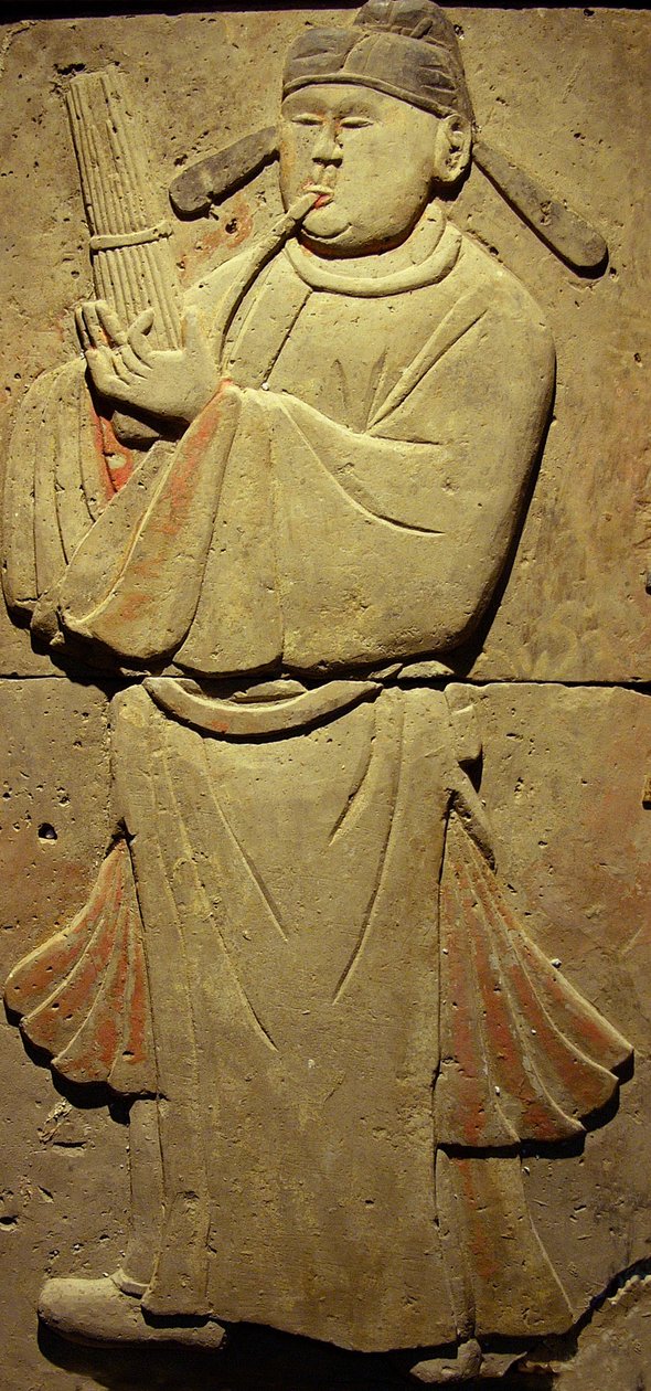 Terracotta stele with musician, Tang Dynasty (618-907), discovered in Shaanxi Province, Steles Forest Museum in Xian. Photography, Leonard de Selva, China, 2006 by Tang Dynasty Chinese School