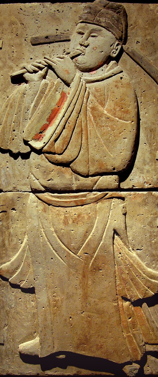 Terracotta stele with musician, Tang Dynasty (618-907), discovered in Shaanxi Province, Steles Forest Museum in Xian (Photography, Leonard de Selva, China, 2006) by Tang Dynasty Chinese School