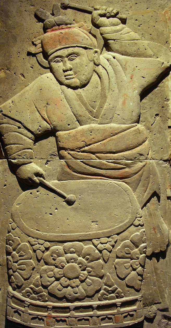 Terracotta stele with musician, Tang Dynasty (618-907), discovered in Shaanxi Province, Steles Forest Museum in Xian. Photography, Leonard de Selva, China, 2006 by Tang Dynasty Chinese School