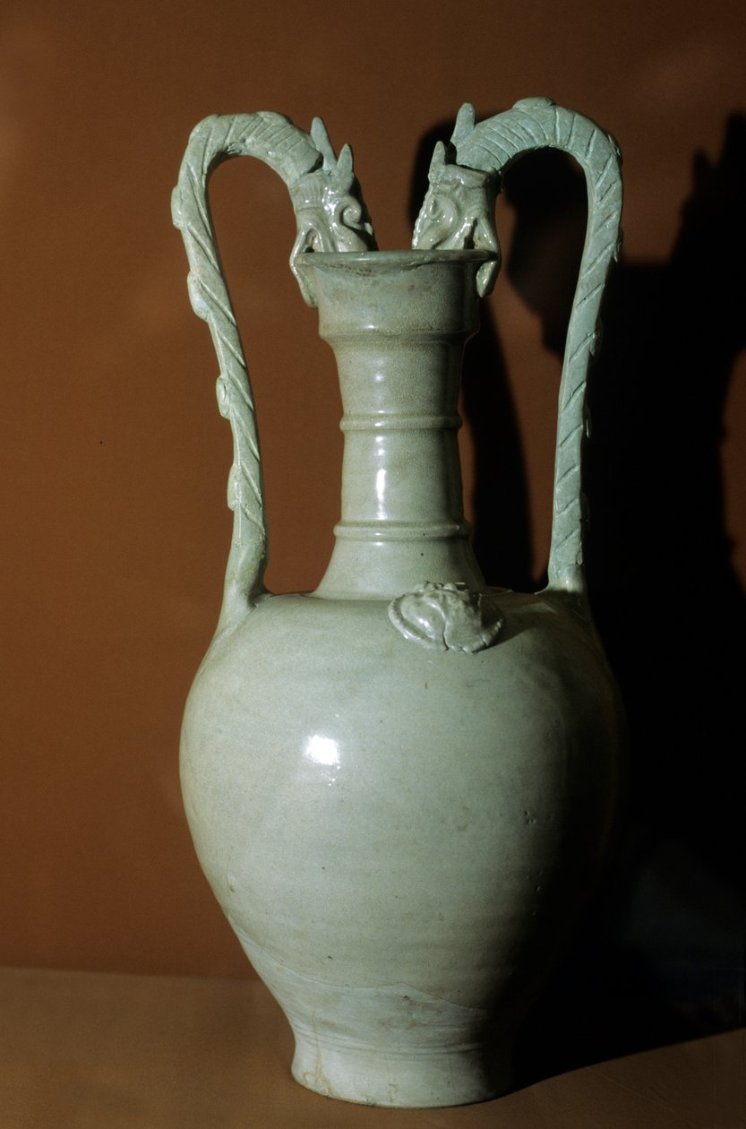 Vase with White Glaze, Double Dragon Handles, Decorated with Flowers in Relief on the Belly, 618-907 by Tang Dynasty Chinese School