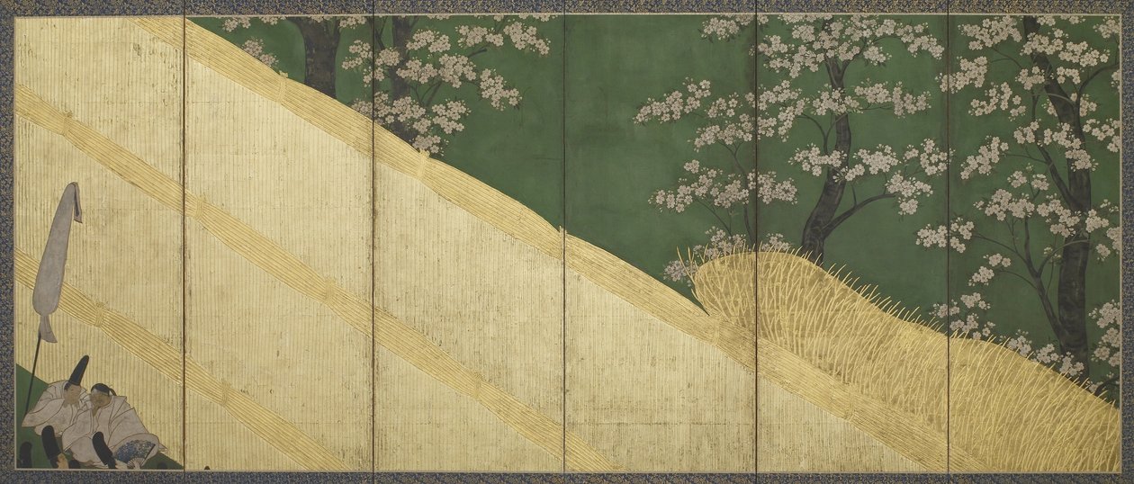 Cherry blossoms, a high fence and retainers, Edo period, 1590-1640 by Tawaraya Sotatsu