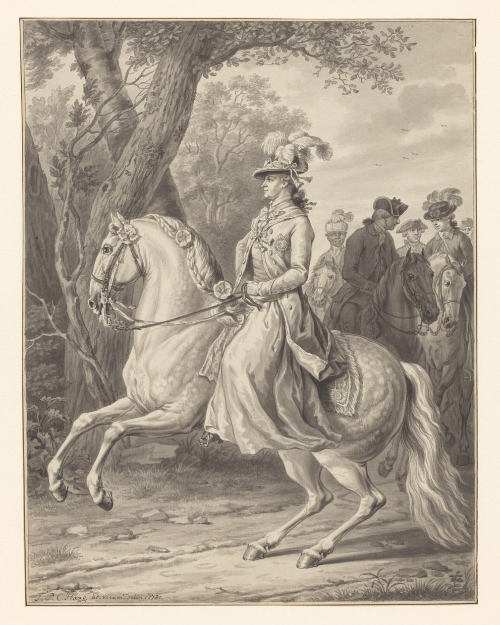 Wilhelmina of Prussia, Princess of Orange-Nassau, on Horseback by Tethart Philip Christian Haag (signed by artist)