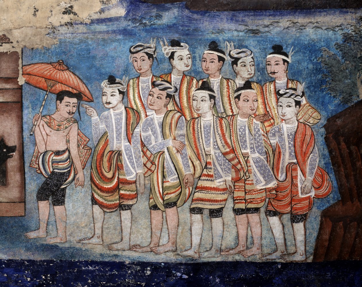 A Group of Thai Yai (Shan) Men, (detail) Murals of Viharn Laikam Portraying the Sang Thong Tales by Thai School