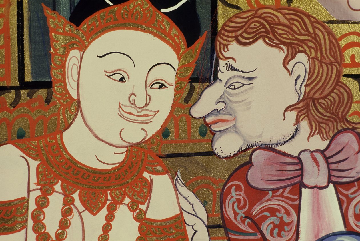 Contemporary painting in the classical style showing Thai and western people by Thai School