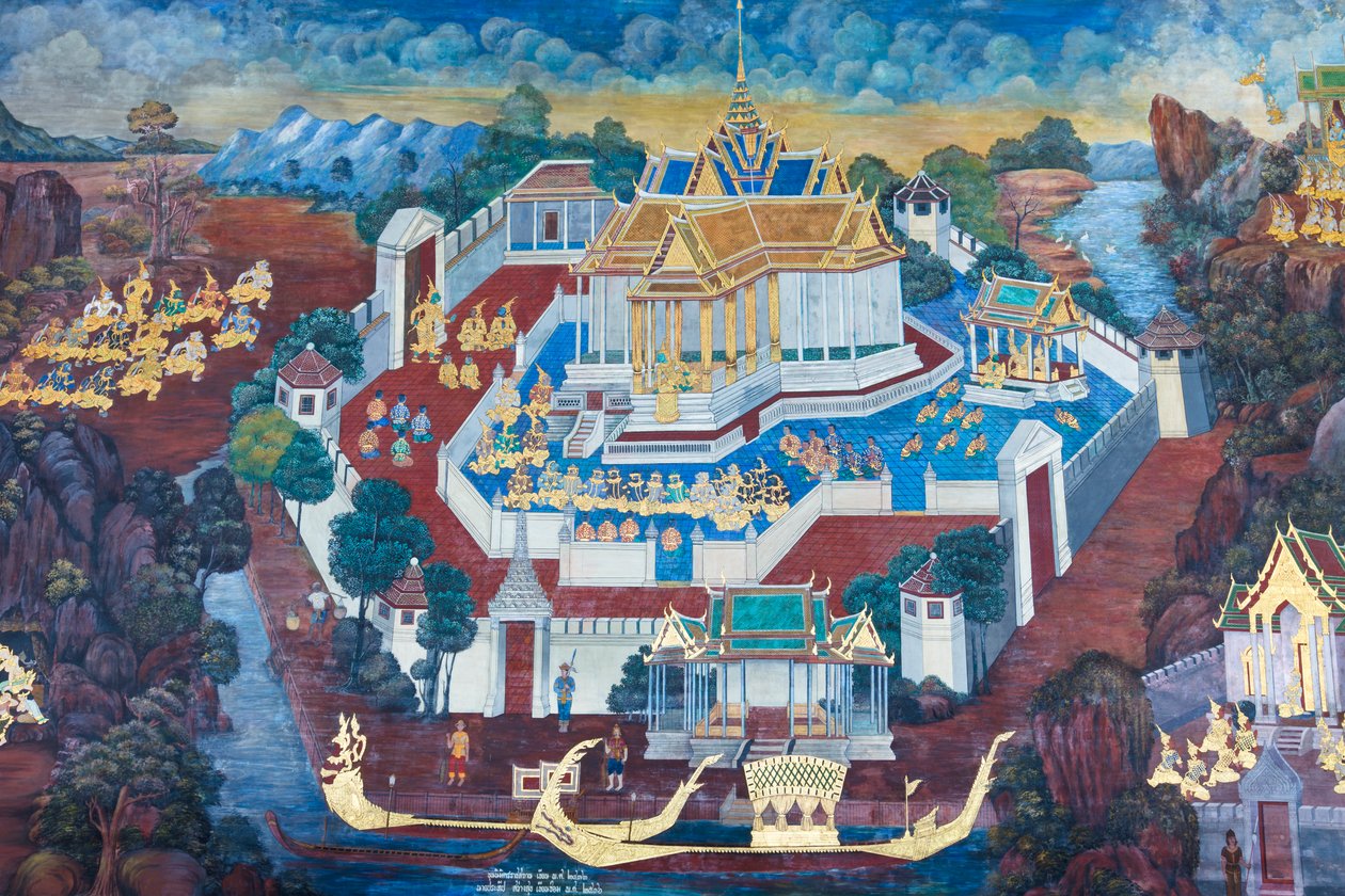 Mural depicting scenes from the Ramayana at Wat Phra Kaeo, the Royal Grand Palace, Bangkok, Thailand by Thai School