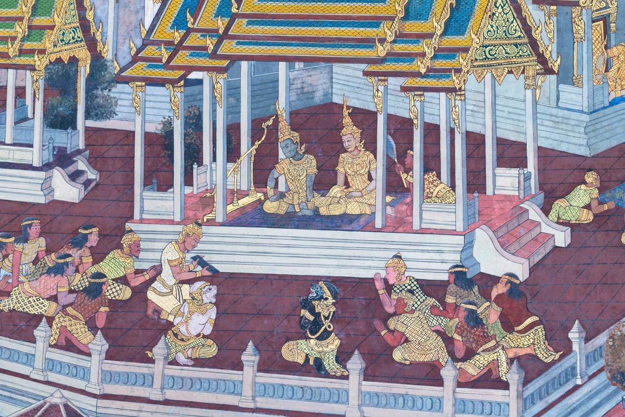 Mural depicting scenes from the Ramayana at Wat Phra Kaeo, the Royal Grand Palace, Bangkok, Thailand by Thai School
