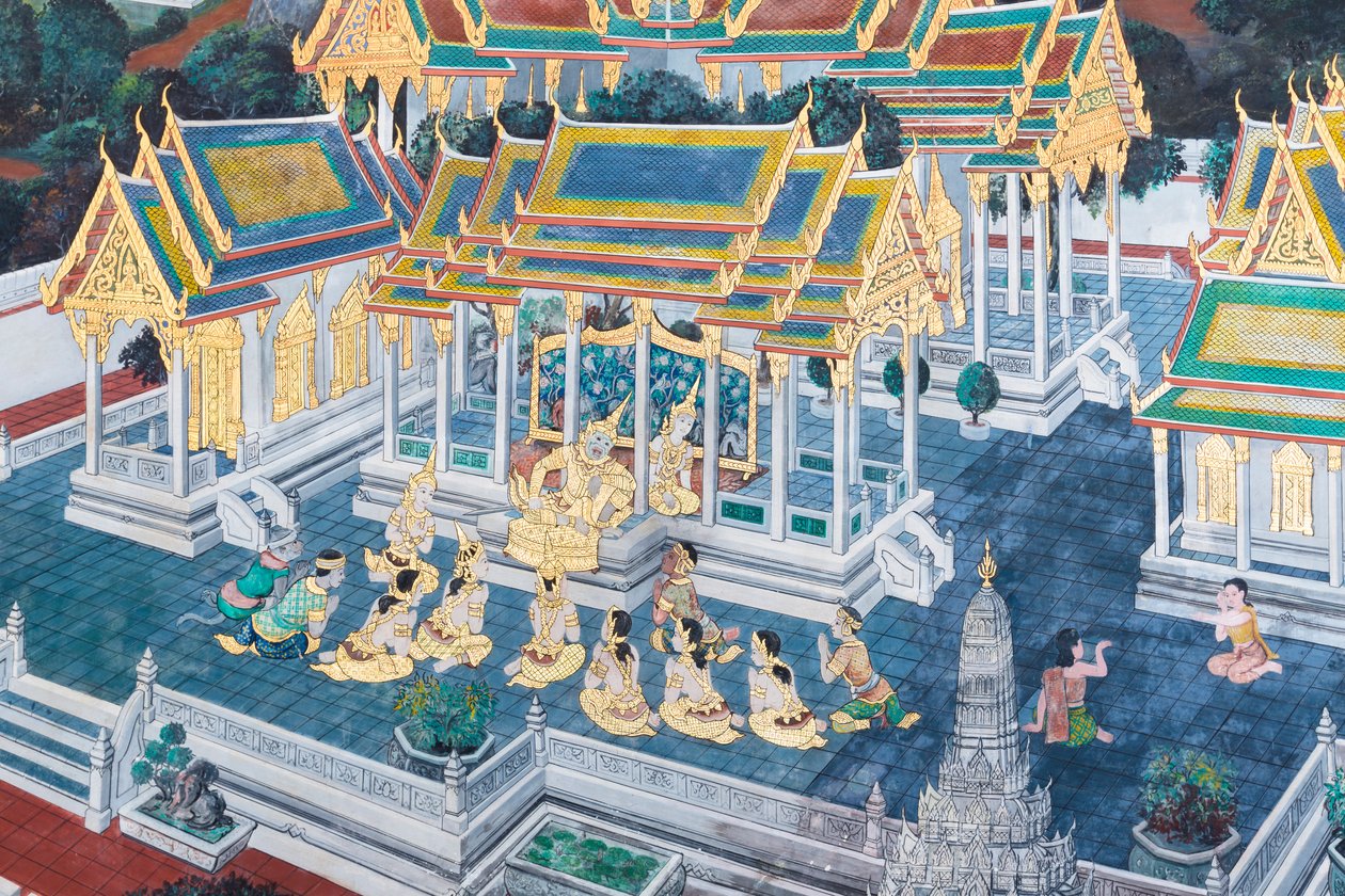 Mural depicting scenes from the Ramayana at Wat Phra Kaeo, the Royal Grand Palace, Bangkok, Thailand by Thai School