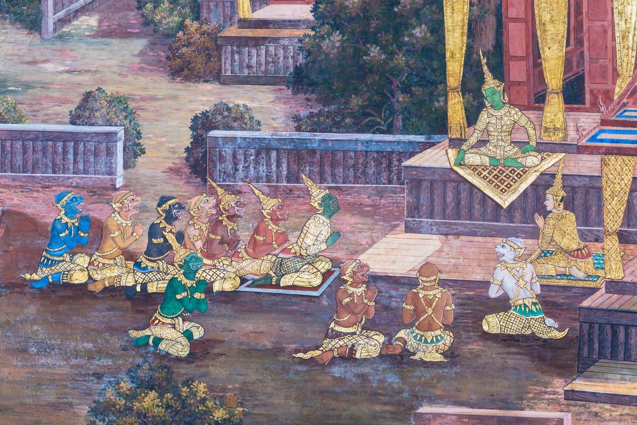 Mural depicting scenes from the Ramayana at Wat Phra Kaeo, the Royal Grand Palace, Bangkok, Thailand by Thai School