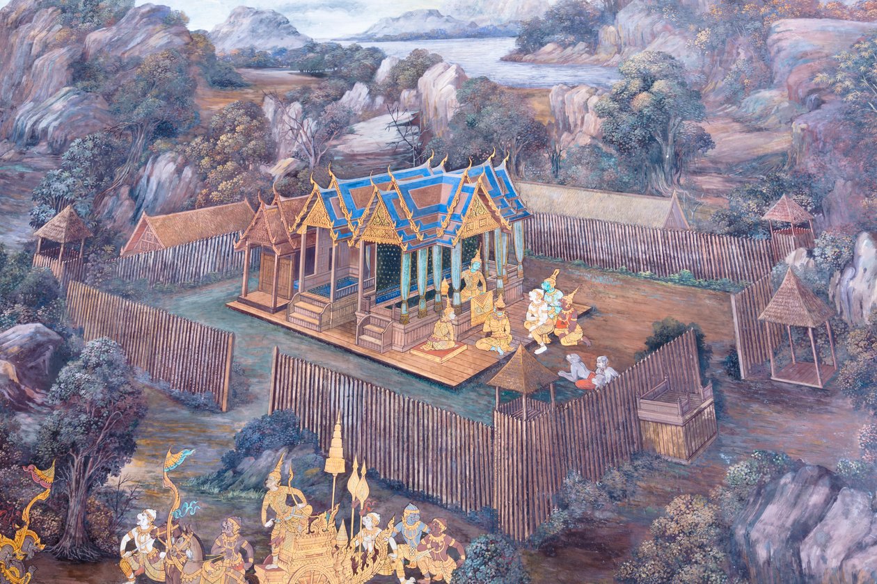 Mural depicting scenes from the Ramayana at Wat Phra Kaeo, the Royal Grand Palace, Bangkok, Thailand by Thai School