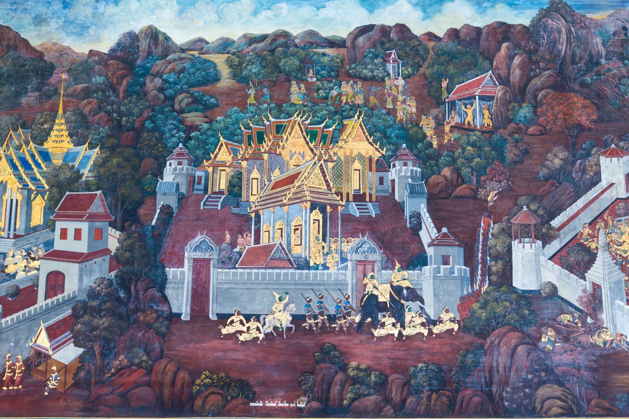 Mural depicting scenes from the Ramayana at Wat Phra Kaeo, the Royal Grand Palace, Bangkok, Thailand by Thai School