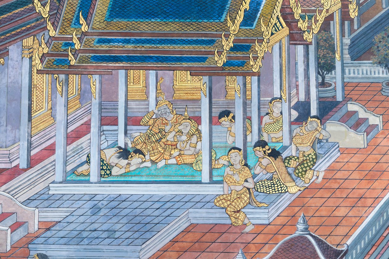 Mural depicting scenes from the Ramayana at Wat Phra Kaeo, the Royal Grand Palace, Bangkok, Thailand by Thai School