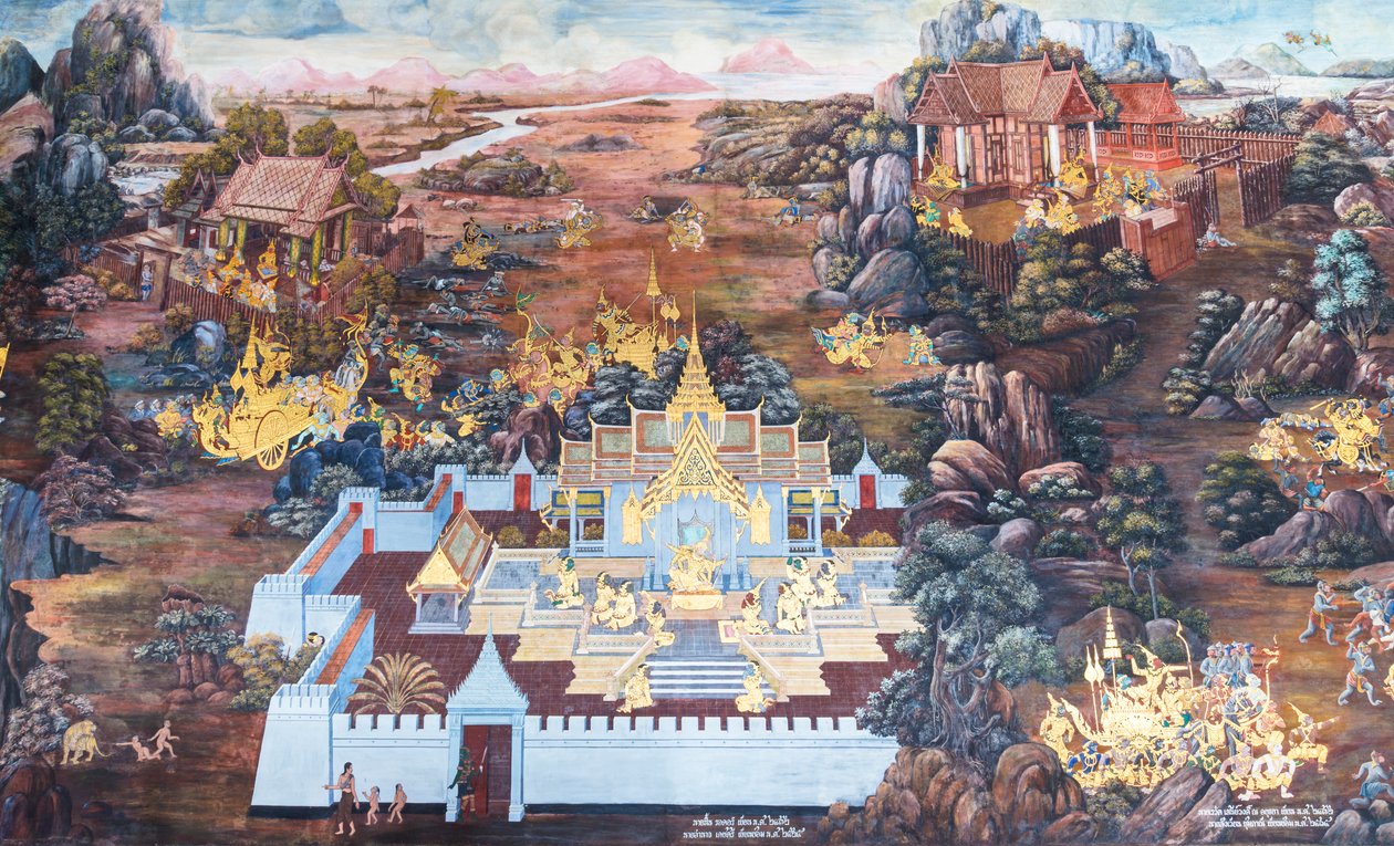 Mural depicting scenes from the Ramayana at Wat Phra Kaeo, the Royal Grand Palace, Bangkok, Thailand by Thai School