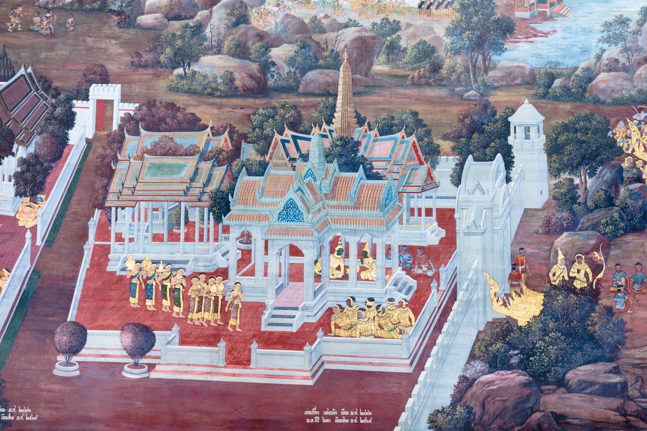 Mural depicting scenes from the Ramayana at Wat Phra Kaeo, the Royal Grand Palace, Bangkok, Thailand by Thai School