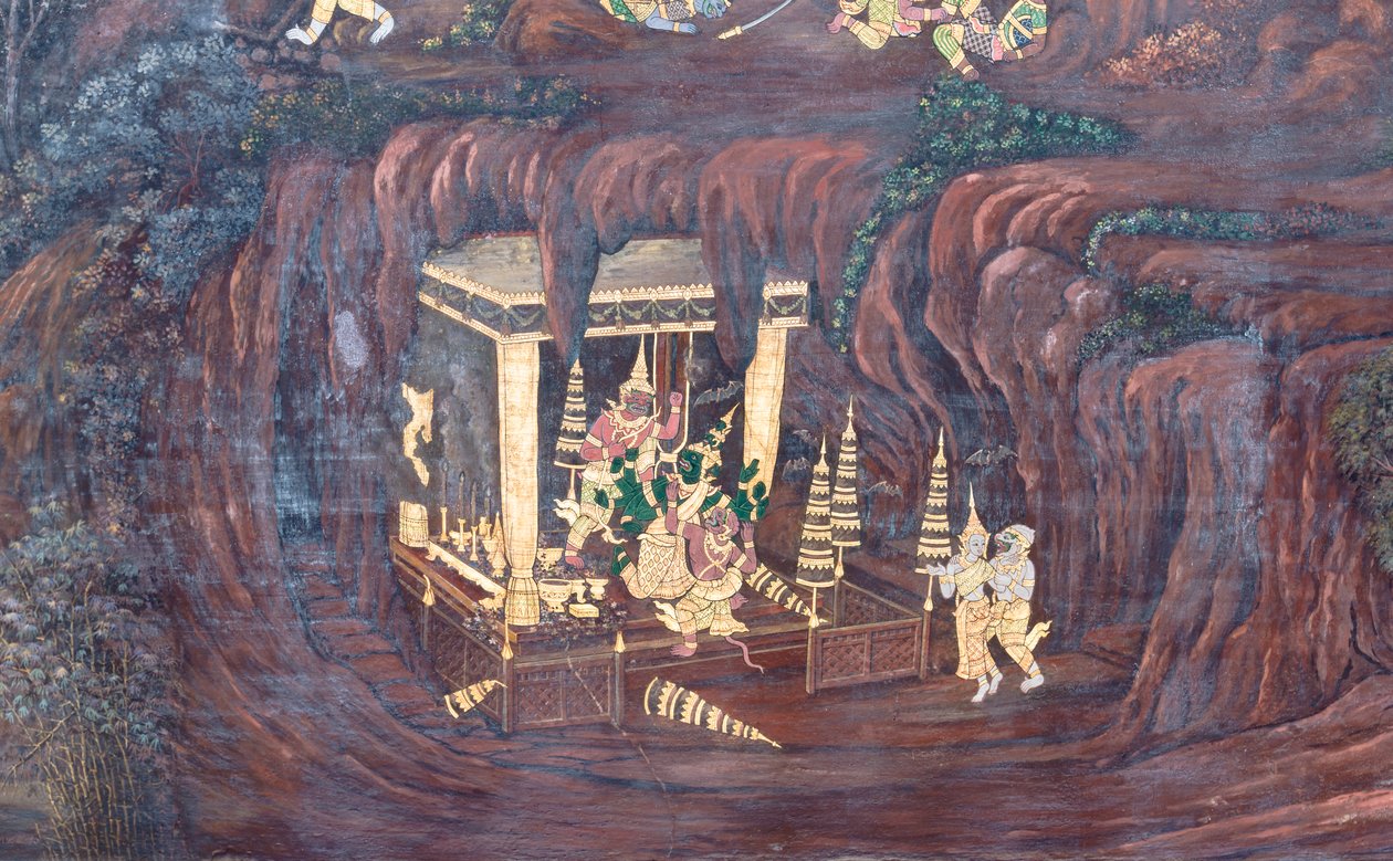 Mural depicting scenes from the Ramayana at Wat Phra Kaeo, the Royal Grand Palace, Bangkok, Thailand by Thai School