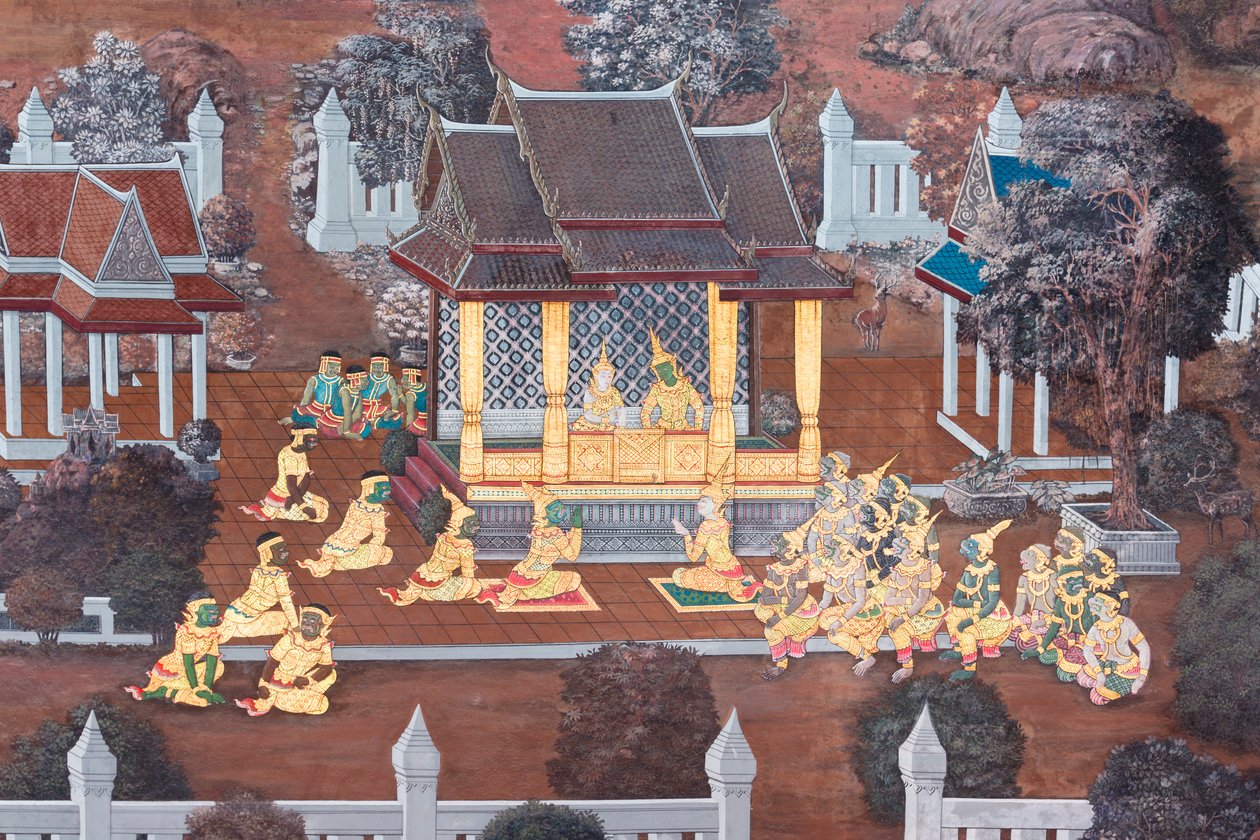 Mural depicting scenes from the Ramayana at Wat Phra Kaeo, the Royal Grand Palace, Bangkok, Thailand by Thai School