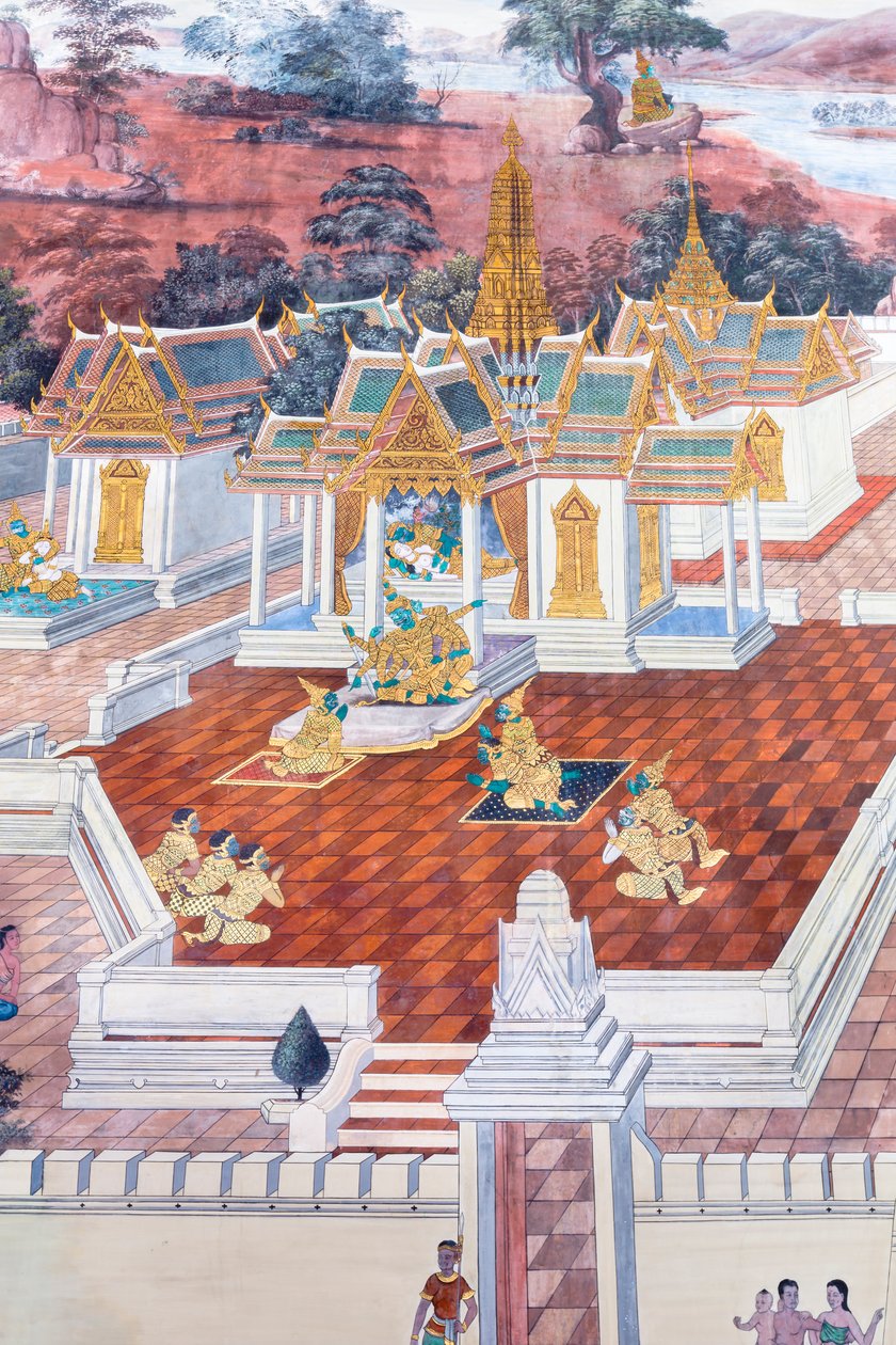 Mural depicting scenes from the Ramayana at Wat Phra Kaeo, the Royal Grand Palace, Bangkok, Thailand by Thai School