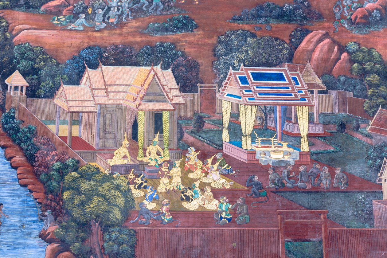 Mural depicting scenes from the Ramayana at Wat Phra Kaeo, the Royal Grand Palace, Bangkok, Thailand by Thai School