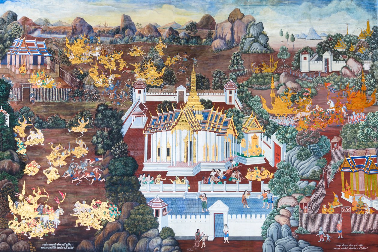 Mural depicting scenes from the Ramayana at Wat Phra Kaeo, the Royal Grand Palace, Bangkok, Thailand by Thai School