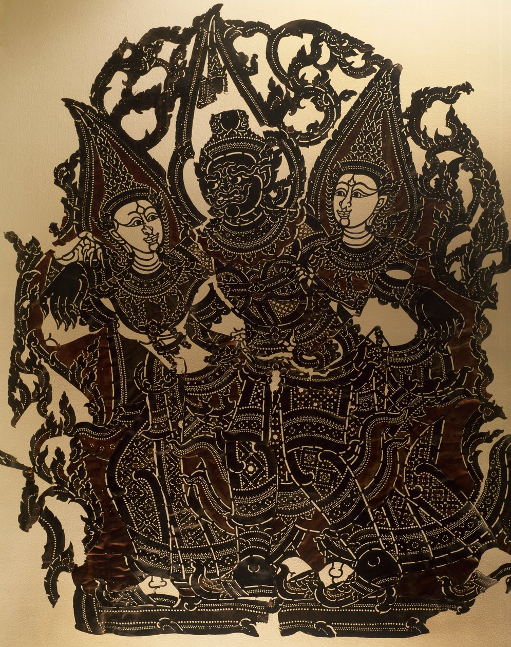 Scene from Nang Yai Shadow Puppet Theatre Representing Dasakantha and His Wives by Thai School