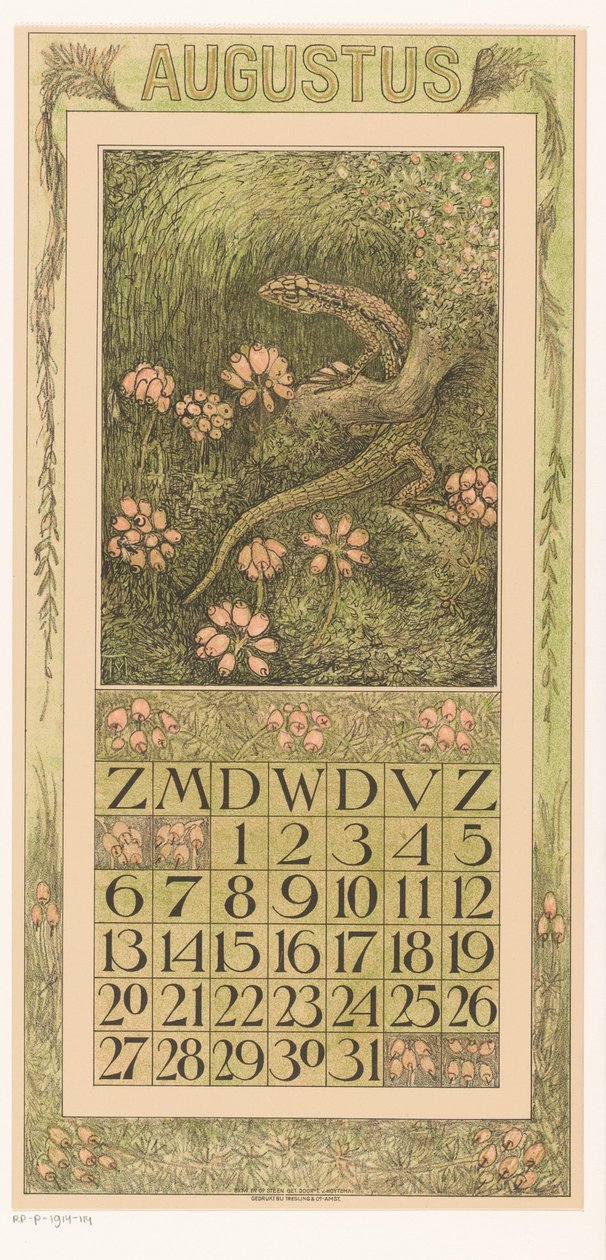 Calendar Page August with Lizard and Heather by Theo van Hoytema