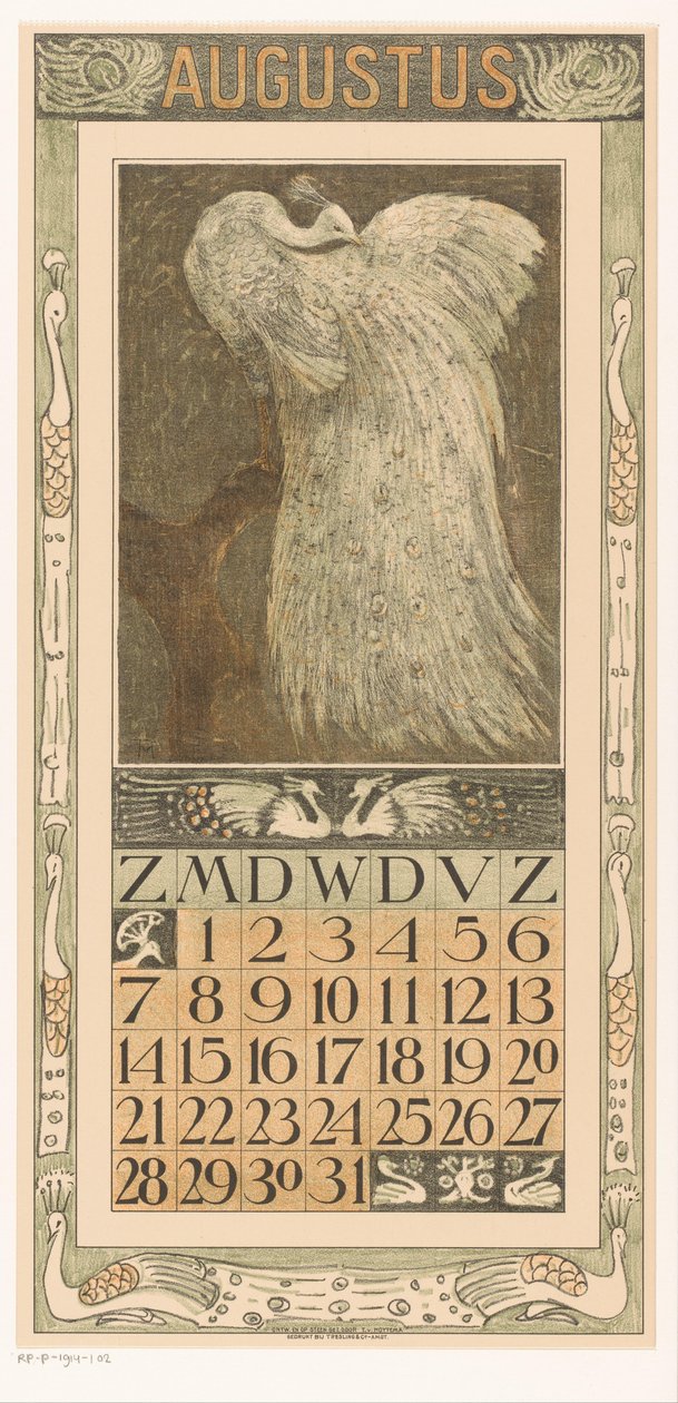 Calendar Page August with White Peacock by Theo van Hoytema