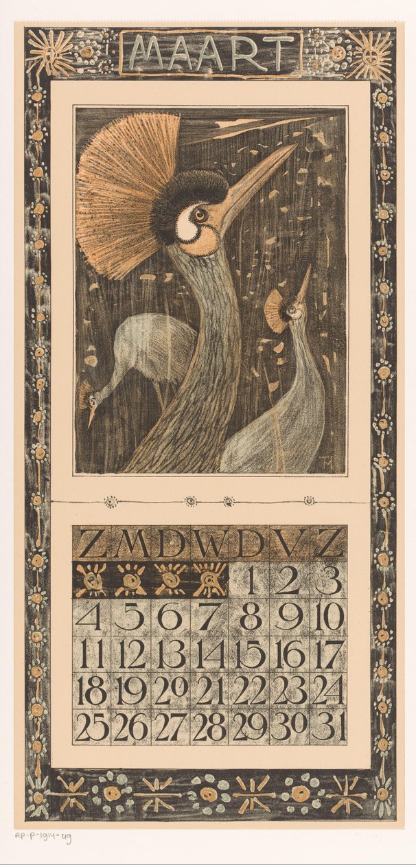 March Calendar Page with Crown Cranes by Theo van Hoytema