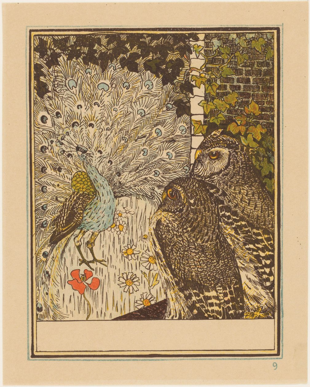 Peacock Displaying and Two Owls by Theo van Hoytema