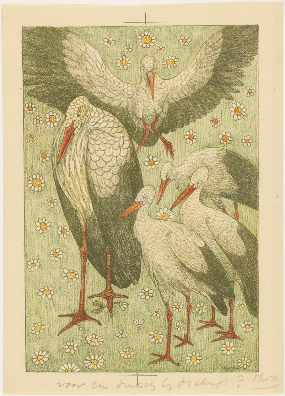 Five storks in a meadow by Theo van Hoytema