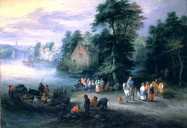 Wooded River Landscape with Figures and Cattle by Theobald Michau