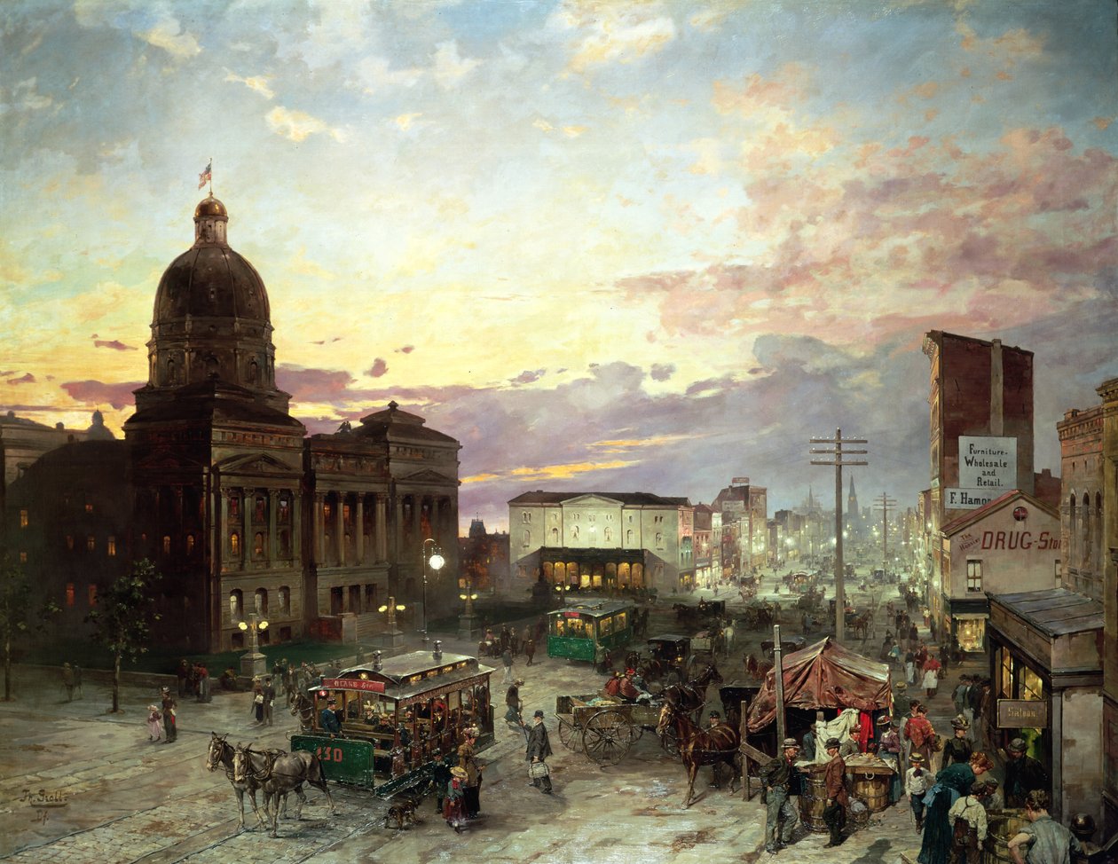 Washington Street, Indianapolis at Dusk by Theodor Groll