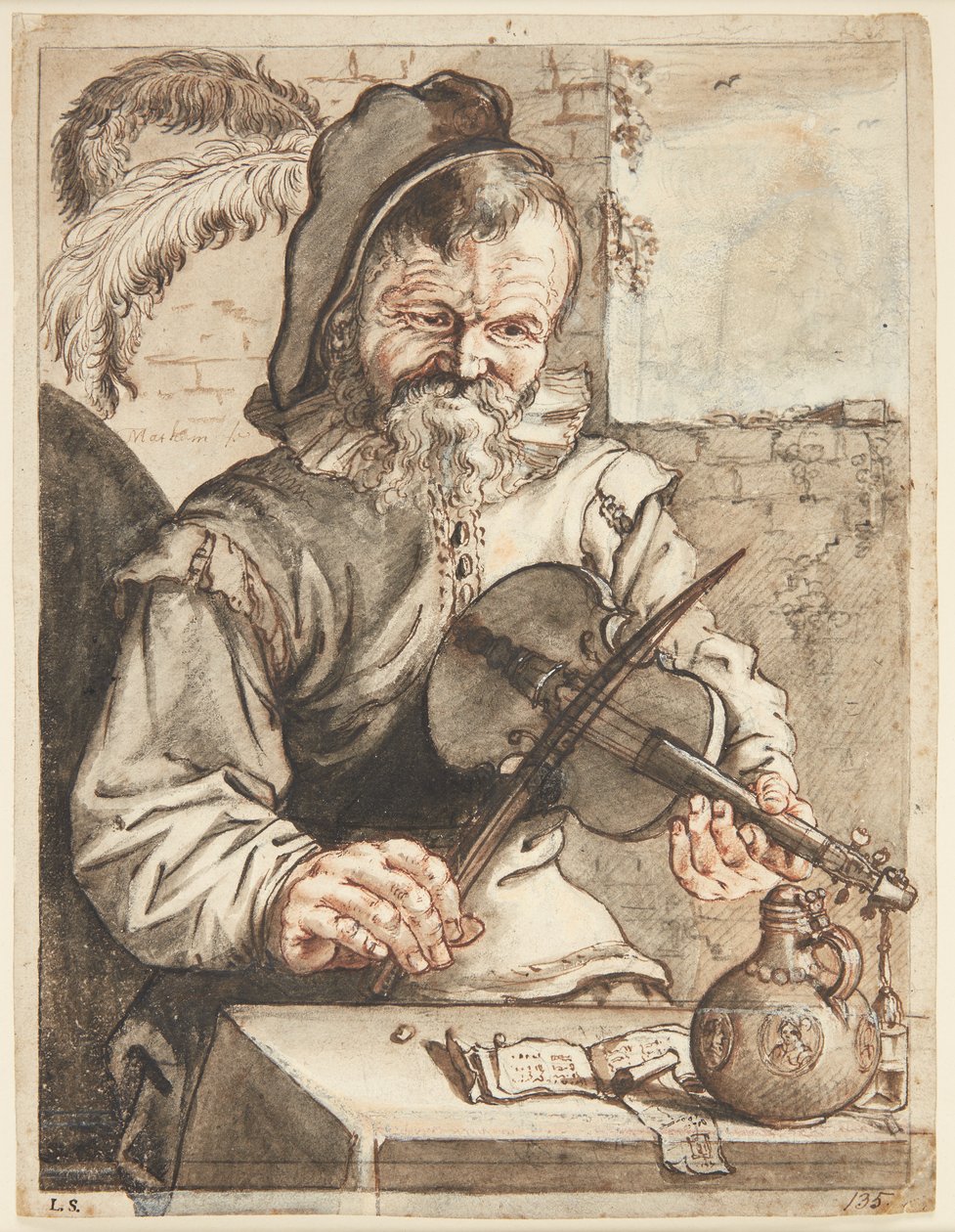 A Violinist, Half-figure Facing Forward, Sitting in Front of a Table with Sheet Music, a Jug, and a Glass by Theodor Matham