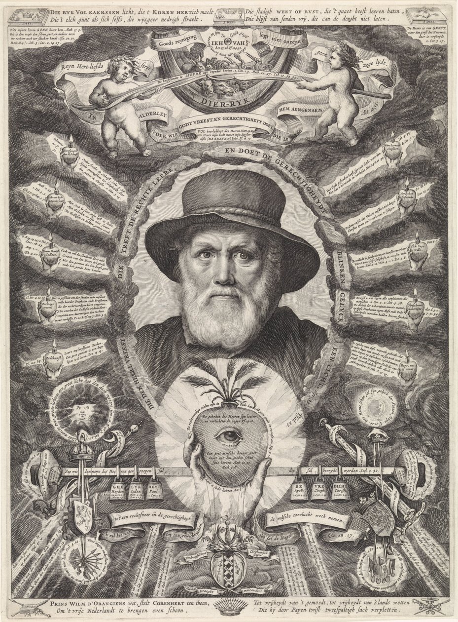 Portrait of Dirck Volckertsz. Coornhert in Allegorical Frame by Theodor Matham