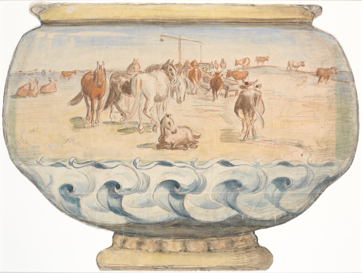 Horses and Cows at Hollænderbrønden on Saltholm (draft for punch bowl) by Theodor Philipsen